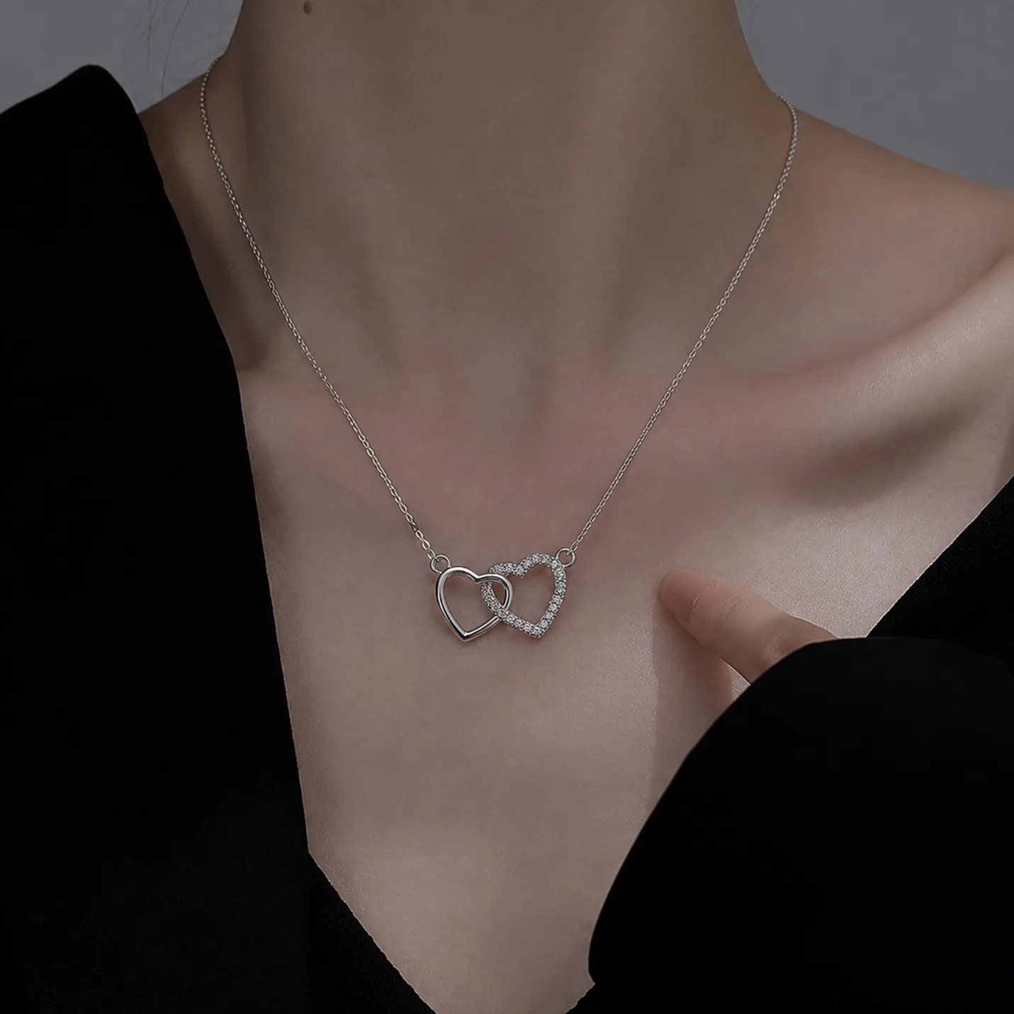 Silver Double Heart Crystal Pendant Necklace